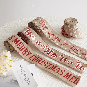 Retro Christmas burlap ribbons with Merry Christmas prints and snowflake patterns