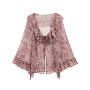 Snake Print Chiffon Blouse Women Ruffle V Neck Tie Front Long Sleeve Animal Pattern Fashion Casual Elegant Tops