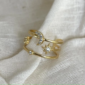 Elegant 925 sterling silver triple layer open ring with gold star and moon charms