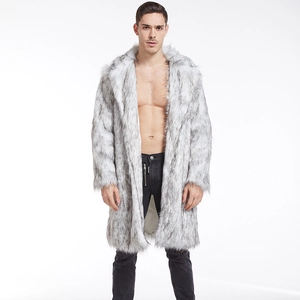 Macro shot of faux fur texture and wide lapel on men's gray long coat with soft plush feel
