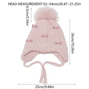 Size chart for pink girls' knitted earflap hat with dimensions and measurement guide