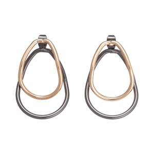 Minimalist teardrop earrings with gunmetal and rose gold double metallic layers