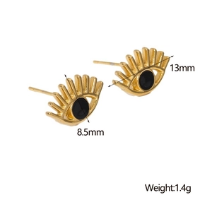 Detailed size view of 18K gold plated eye-shaped stud earrings showing 13mm by 8.5mm