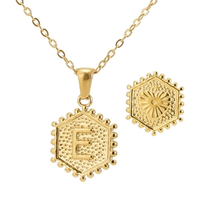 Detail of 18K gold-plated hexagonal pendant featuring letter E and heart emblem