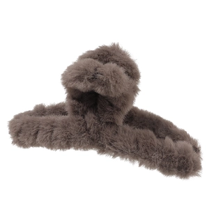Large coffee brown plush hair claw clip for women featuring soft faux fur for autumn winter
