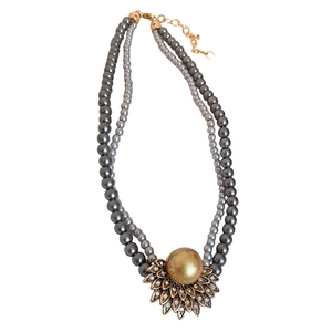 Vintage double layer pearl necklace with gold floral pendant and sparkling rhinestones