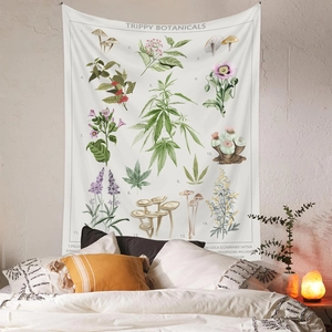 Macro view of Trippy Botanicals tapestry detail with mushroom and floral illustrations