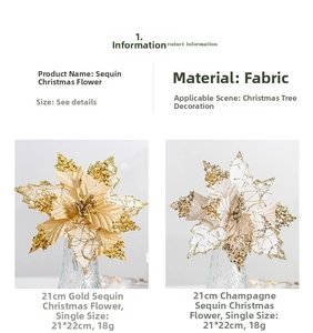 Détail de fleur de Noël artificielle dorée à paillettes de 21x22cm pour décoration de sapin