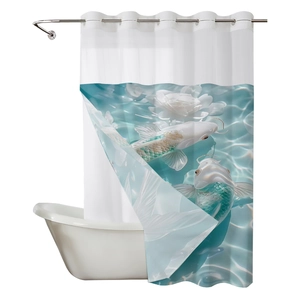 Waterproof shower curtain featuring realistic white koi fish and lotus design in aqua blue