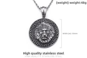 Detailed relief of vintage lion head pendant on thick chain measuring 50mm in width