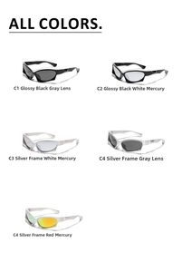 Detailed matrix view of Y2K sports sunglasses in black and silver metallic finishes