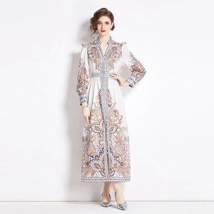 Vintage Boho Maxikleid mit V-Ausschnitt, Paisley-Muster und Laternenärmeln in Weiß