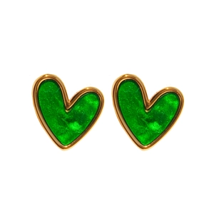 French vintage green heart stud earrings with elegant gold plating for women