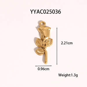 Detailed view of rose flower golden pendant with measurements of 2.21cm by 0.96cm
