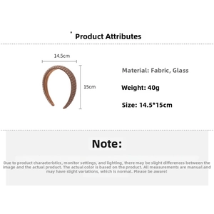 Brown mesh headband with crystal glass beads featuring detailed product specifications