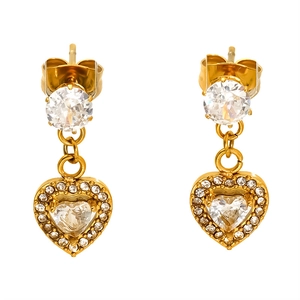 Elegant 18K gold-plated stainless steel heart earrings with zircon stones on white background