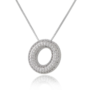 Detailed view of silver micro-pave circle pendant with white cubic zirconia crystals