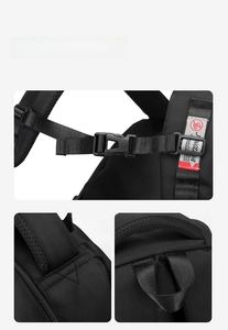 Detail of ergonomic padded straps and durable chest buckle on a black travel backpack