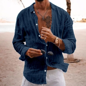 Men's navy blue linen long sleeve casual shirt with button-down collar for beach wear