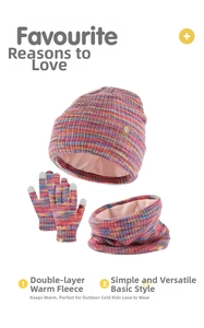 Detalle del forro polar rosa en gorro, bufanda y guantes táctiles de punto para invierno