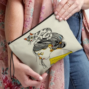 Portable cream canvas cosmetic bag with creative line art and black wrist strap handle