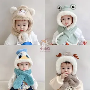 Detail showing four styles of thick plush baby hooded scarves with animal ear designs