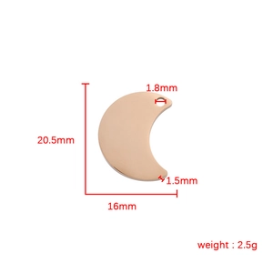 Polished rose gold stainless steel moon pendant dimensions and jewelry making specs