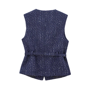 Women's navy tweed vest with sequins and back belt detail, high-quality fabric texture
