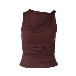 Detail view of dark brown sleeveless top with twisted knot and ruched elastic fabric