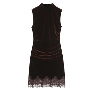 Robe Mini En Velours Pour Femmes Sans Manches Col Montant Froncé Latéral Bordure En Dentelle Moulante Élégante