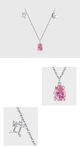 Detailed views of S925 silver Gemini necklace featuring pink pear-shaped zircon and charms