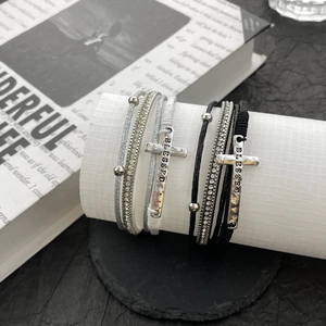 Bohemian multilayer leather bracelet set with Blessed cross charm and crystal accents