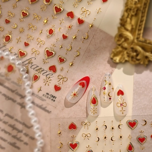 M1361 New Year red ruby nail art stickers with gold stars and heart motifs