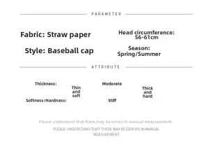 Detailed size specifications for summer straw baseball cap with head circumference details