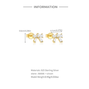 Detailed view of gold bow earrings with S925 mark and AAAAA zircon size specifications