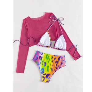 Three-piece bikini set with gradient leopard print and pink long sleeve mesh cover-up
