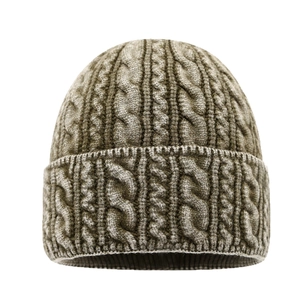 Bonnet en maille torsadée marron foncé avec large revers pour protection hivernale