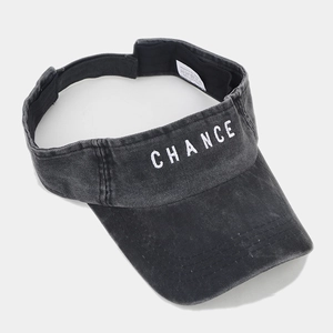Washed black cotton sun visor with white 'CHANCE' embroidery and adjustable strap