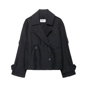 Women's short black double-breasted trench coat with wide buckled cuffs and classic lapels