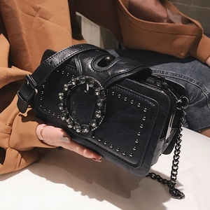 Fashionable black square crossbody bag with rhinestone buckle and punk rivet chain details