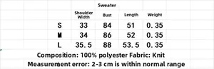 Size chart for knit vest sweater including shoulder, bust and length in polyester fabric
