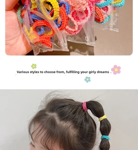Détail d'élastiques à cheveux colorés haute élasticité en sac transparent pour enfants