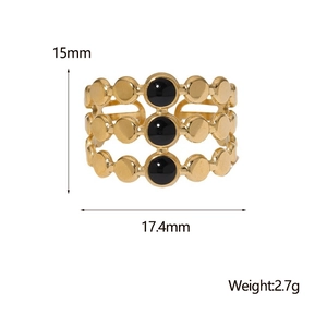 Detailed size specifications of a triple-layered gold geometric ring with black inlay