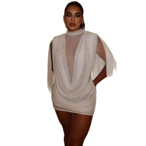 Sleeveless white bodycon dress with high neck, pleated details and cutout design