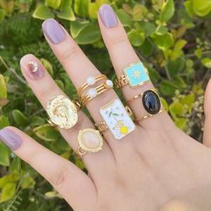 Vintage Tarot Sun Star Adjustable Ring Stainless Steel Gold Plated Enamel Geometric Aesthetic Jewelry For Women