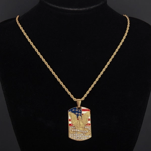 Collier hip hop doré avec pendentif aigle drapeau américain et strass sur buste noir
