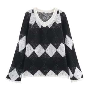 Damen Strickpullover mit V-Ausschnitt und Argyle-Muster in Schwarz-Weiß mit Pailletten