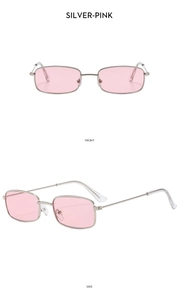 Detailed views of silver metal square sunglasses with pink lenses from front and side angles