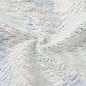 Close-up of windproof breathable knitted fabric with light blue camouflage pattern