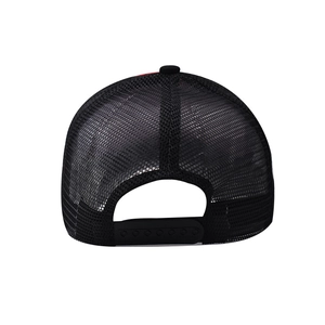 Detail of adjustable snapback closure and breathable mesh on black trucker hat